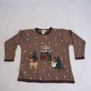 Vintage Victoria Jones Brown Winter Cabin Snowman Deer Scenic Cottage Sweater 1X